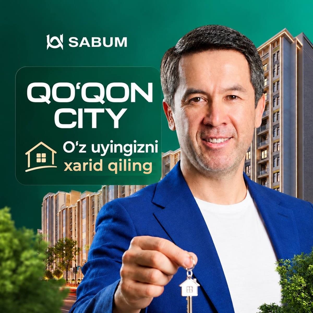 QO‘QON CITY — O‘z uyingizni xarid qiling. Sabum Group asoschisi Umidjon Nazarov yangi uy kalitini uzatmoqda
